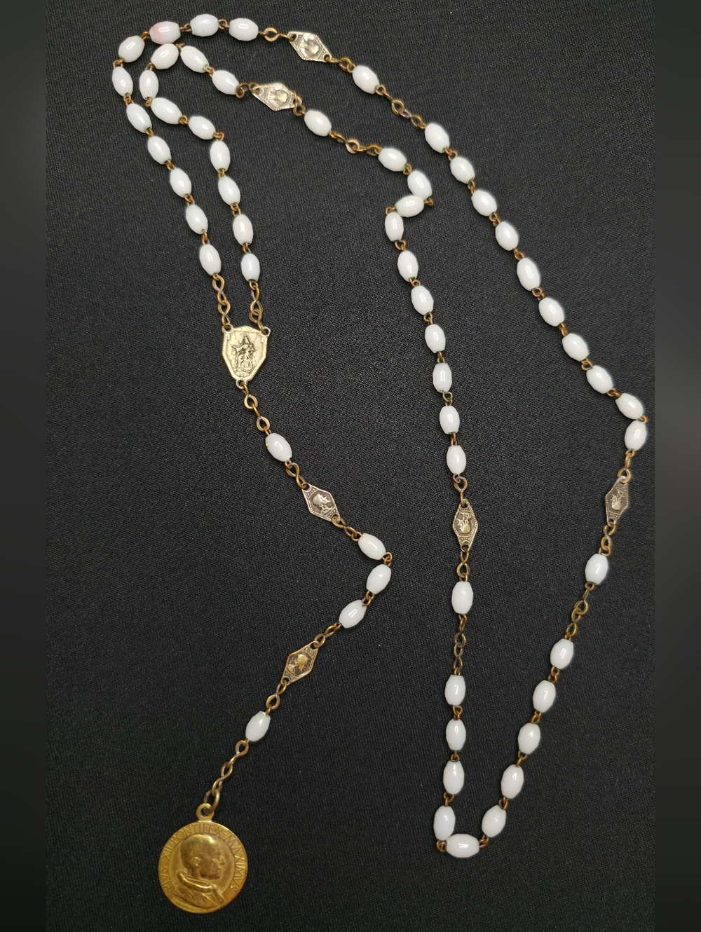 Vintage 1950 Holy Year Pope Pius Xii Rosary | Gold /White Milk Glass Beads Italy